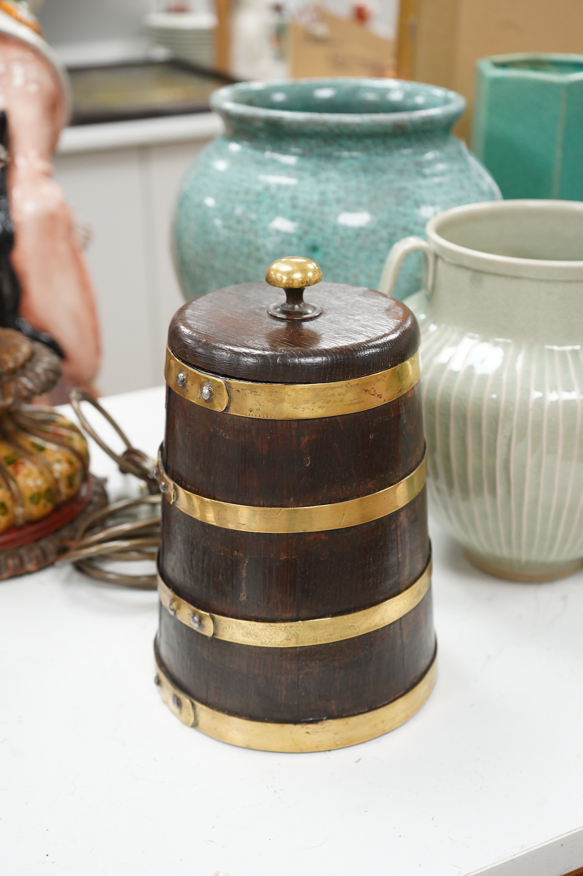 A Kashmiri painted wood lamp and brass bound oak barrel, largest overall 45cm high